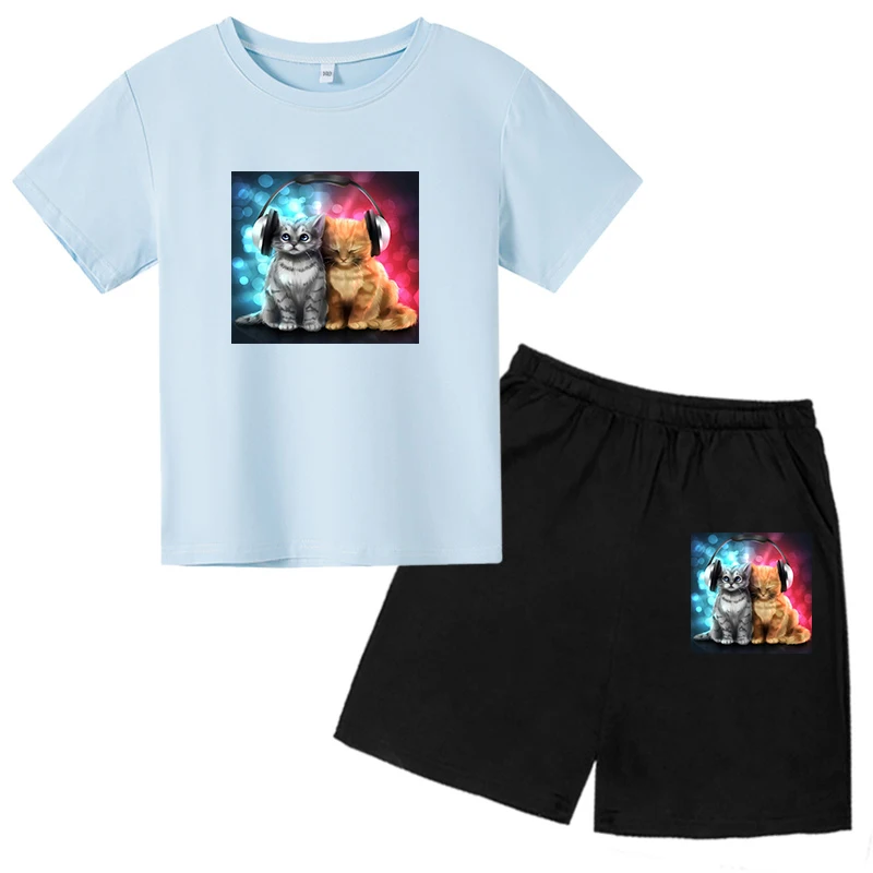 

2021New Fashion Summer Cute Children Brand Clothing For Kids Girl Short Sleeve Print 3D Cat T Shirts Shorts Tops Baby Clothes