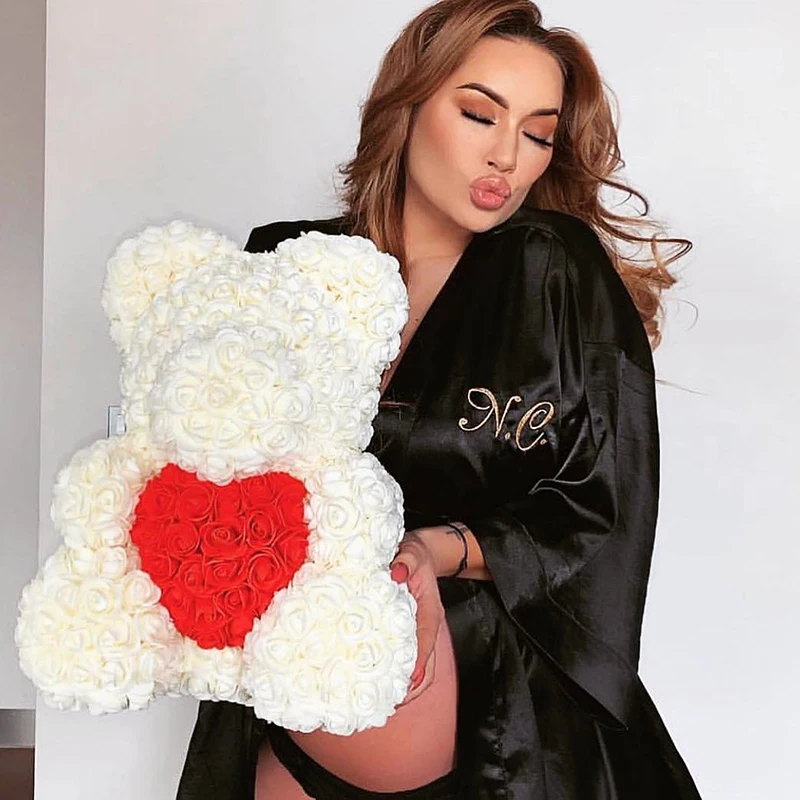 

Hot 40cm Artificial Rose Heart Teddy Bear Handmade Bear of Roses For Women Valentine's Day Wedding Bithday Gift Drop Shipping