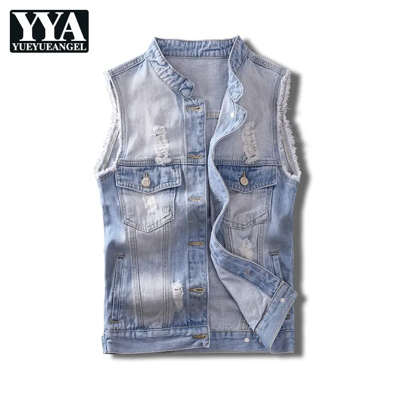 Мужской джинсовый жилет без рукавов голубой Повседневный облегающий с рваными