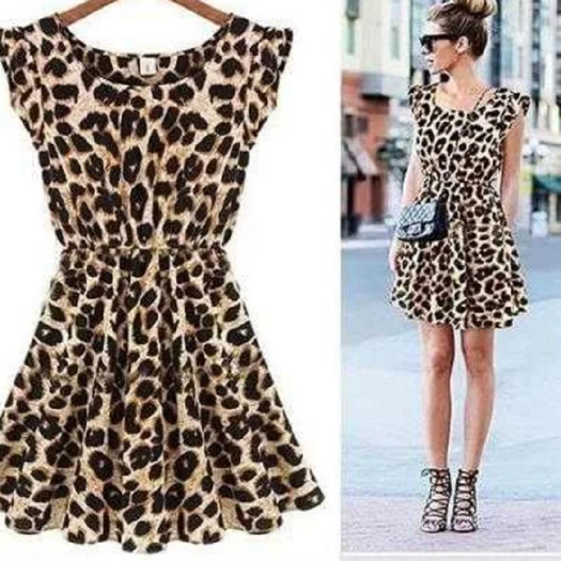 

2021 Summer New Fashion Sexy Leopard Print Dress Women's Nightclub Sexy Round Neck Waist Sleeveless Mini Elegant Dress