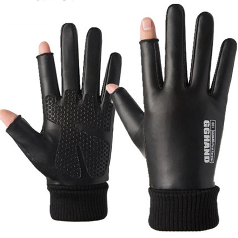 

Waterproof Riding Gloves For Men Sport Fingerless Two-Finger Winter PU Touch Screen Ski Driving Antiskid Women Leather Gloves