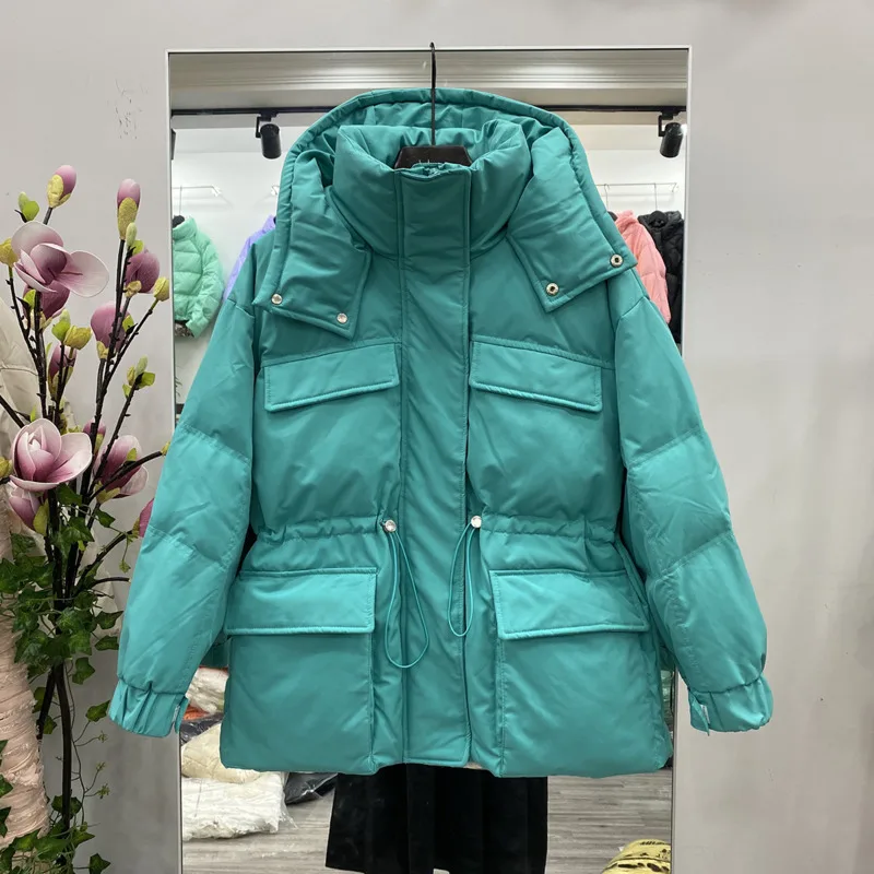 Winter Women Thick Warm Hooded 90% White Duck Down Short Parkas Loose Pocket Solid Down Coat Snow Outwear 2021 Clothing Straight