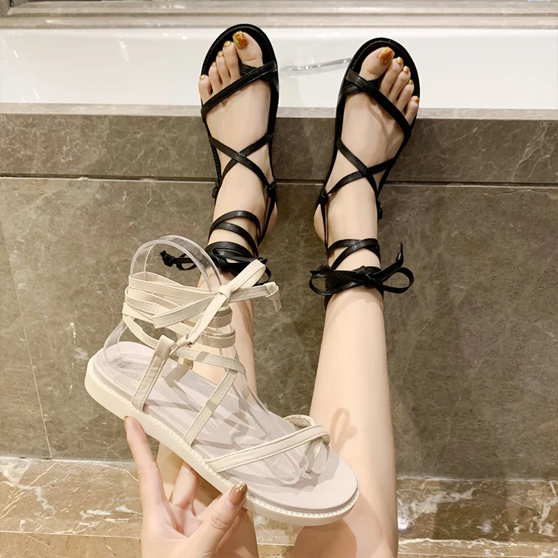 

Cross-Shoes 2021 Summer Sandals Straps Women's Heels All-Match Flip Flops Platform Suit Female Beige Comfort Lace Up Girls Fashi