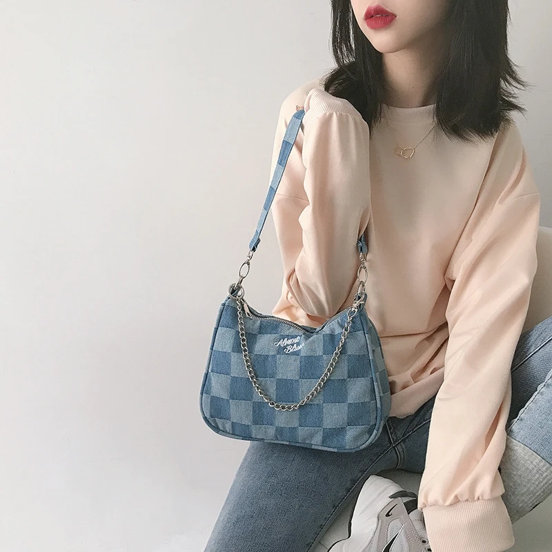 

Women Denim Blue Checkered Shoulder Bags Vintage Chic Canvas Chain Handbags Female Casual Letter Embroidery Cloth Messenger Bag