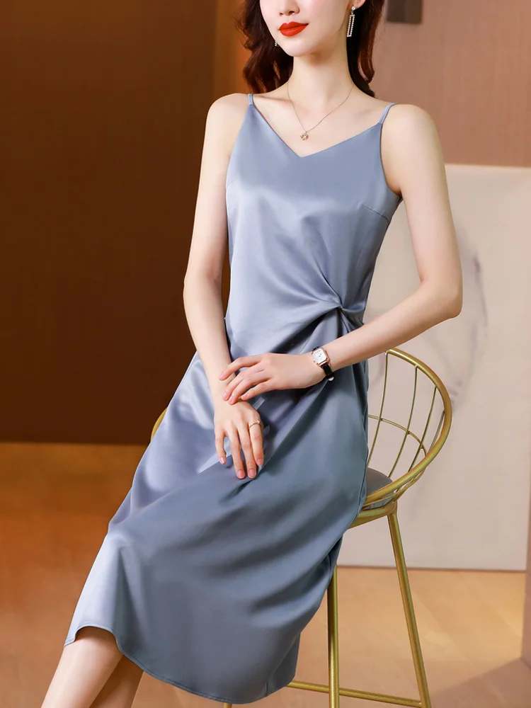 Платье женское атласное с V-образным вырезом Модное Длинное мягкое гладкое на