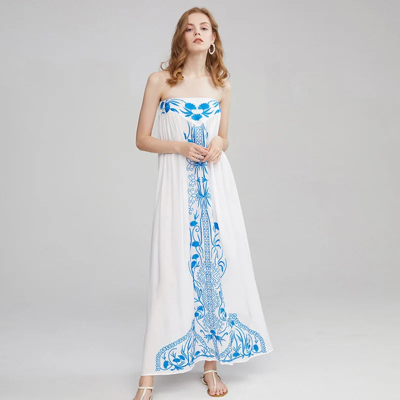 Новинка Летнее праздничное пляжное платье в богемном стиле сине-белое