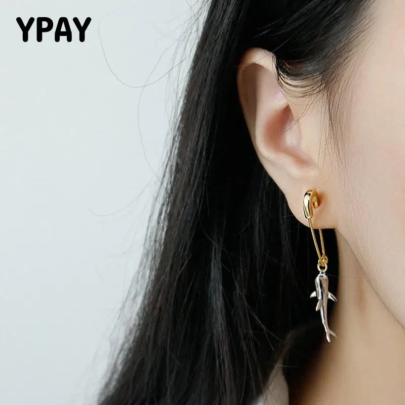 

YPAY 100% Genuine 925 Sterling Silver Drop Earrings for Women Korean Trendy Shark Pin Earring Brinco Fine Party Jewelry YME540