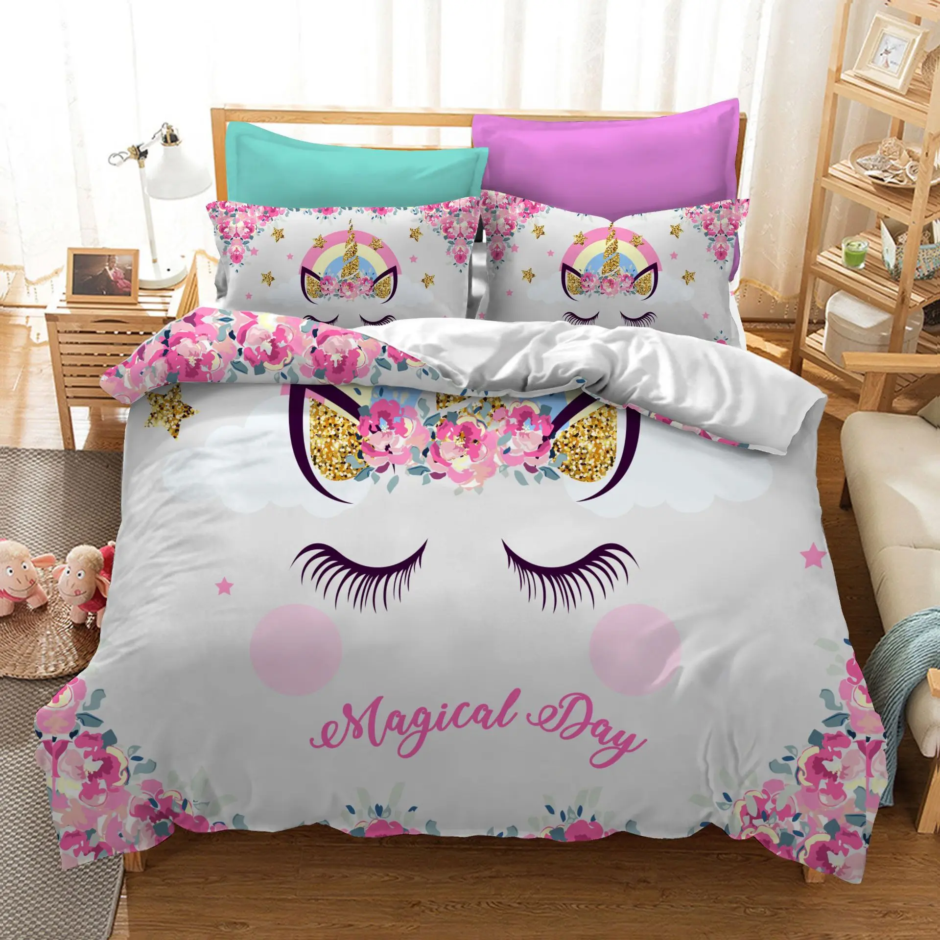 3D Digital Printing Unicorn Bedding Sets for Birthday Party Gift Quality Duvet Cover Set 100% Microfiber White Background | Дом и сад