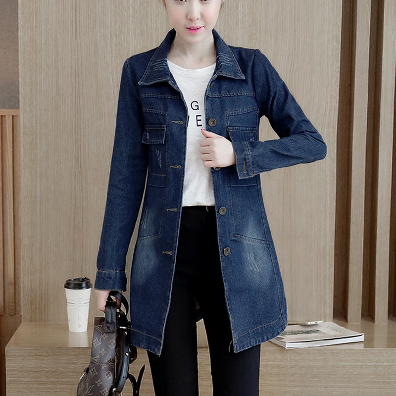 

2021 Autumn Women Denim Jacket Fashion Plus Size 5XL Ripped Female Jean Long Coat Koran Cotton Slim Long Sleeve Blue Outwear