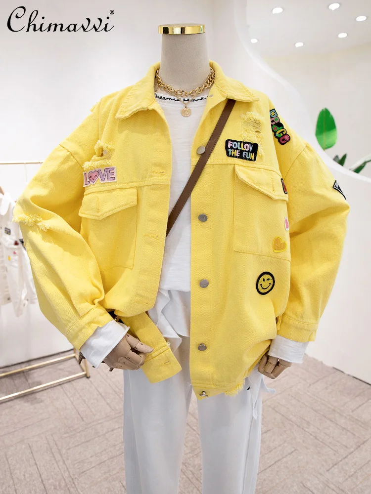 

Женская джинсовая куртка, свободная универсальная куртка с отложным воротником, с вышивкой, в стиле пэчворк, для весны, 2021