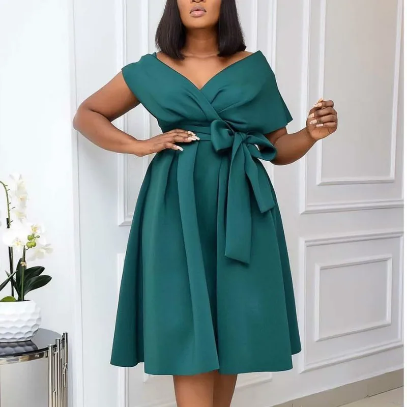 

Women Party Dress V Neck with Waist Belt Bowtie Pleated A Line Occation Birthday Christmas Event Celebrate Fashion African XXXL