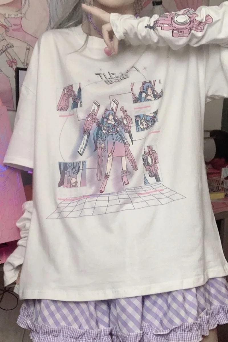 

Short Sleeve T-shirt Female Summer 2021 Harajuku Mechanical Mecha Girl Print Cartoon Punk T-shirts Women Casual Loose Top Tee