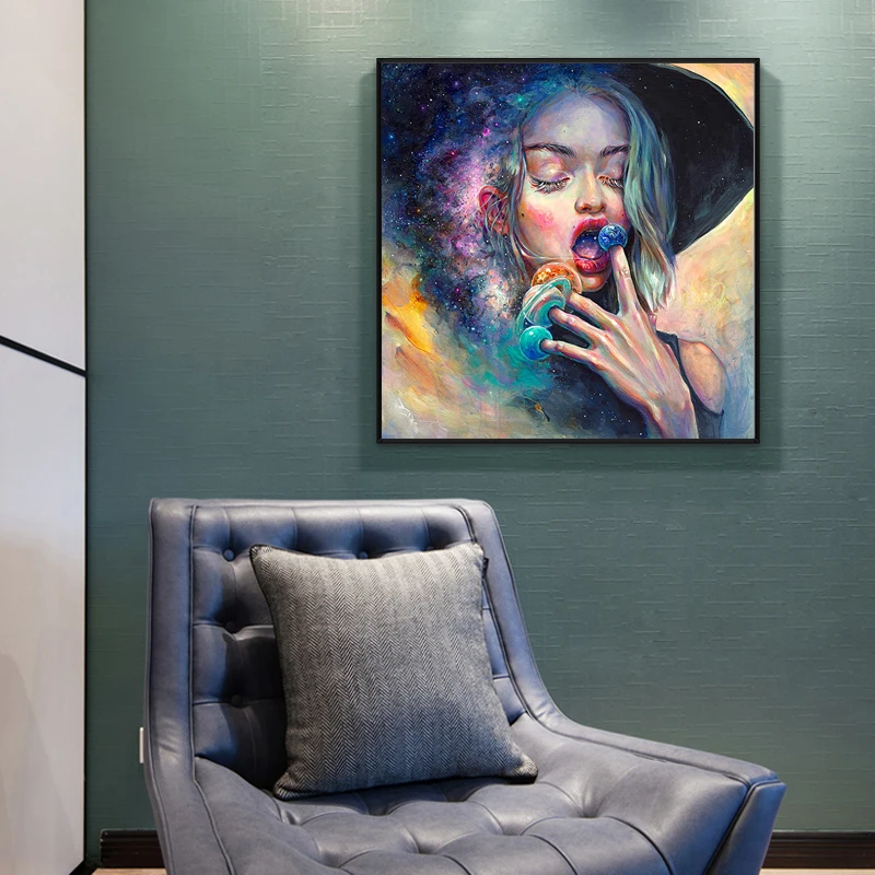 

Universe Star Illusory Rock Girl Print on Canvas Starry Sky Oil Painting Posters Wall Art Picture Bar Night Club Bedroom Decor