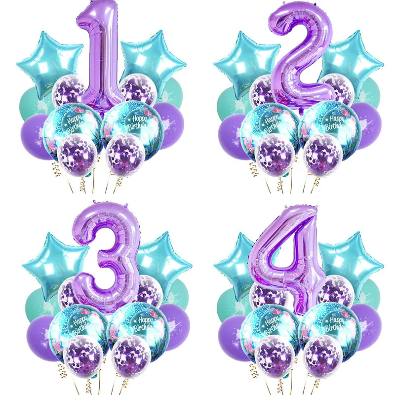 

14pcs Mermaid Balloon Set 40 Inch Purple Number Balloon Set Sequined Mermaid Princess Birthday Party Decoration Balloon