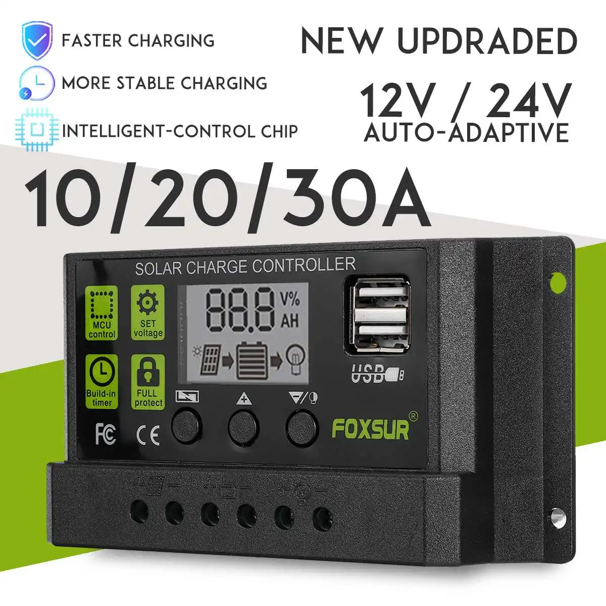 

NEW Solar Charge Controller 12V/24V 10/20/30A Auto PWM 5V Output Solar Panel Battery Controller Regulator With Dual USB LCD