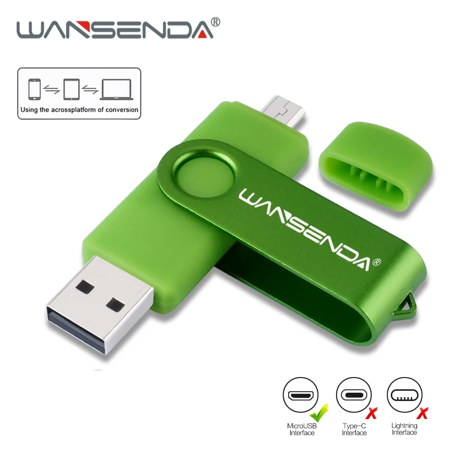 WANSENDA OTG USB Flash Drive Metal Pen Drive 16GB 32GB 64GB 128GB 256GB Real Capacity Pendrive External Storage MicroUSB Stick