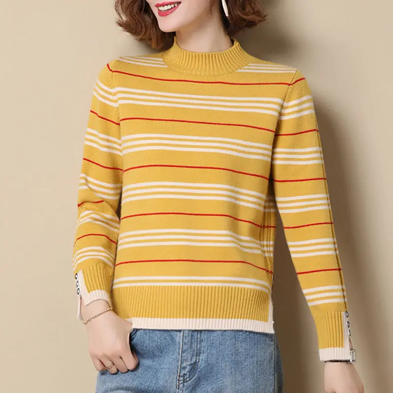 

Cashmere thickened half high collar Pullover Sweater autumn winter 2020 new striped loose knit women's versatile