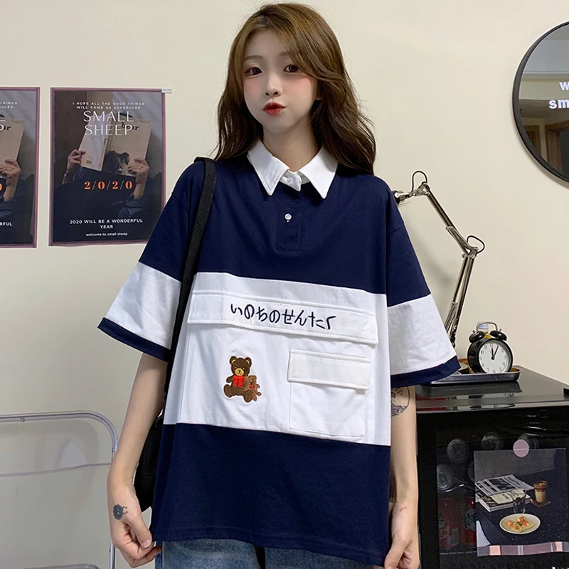 Японская рубашка поло футболка с коротким рукавом медведем женская Свободная в