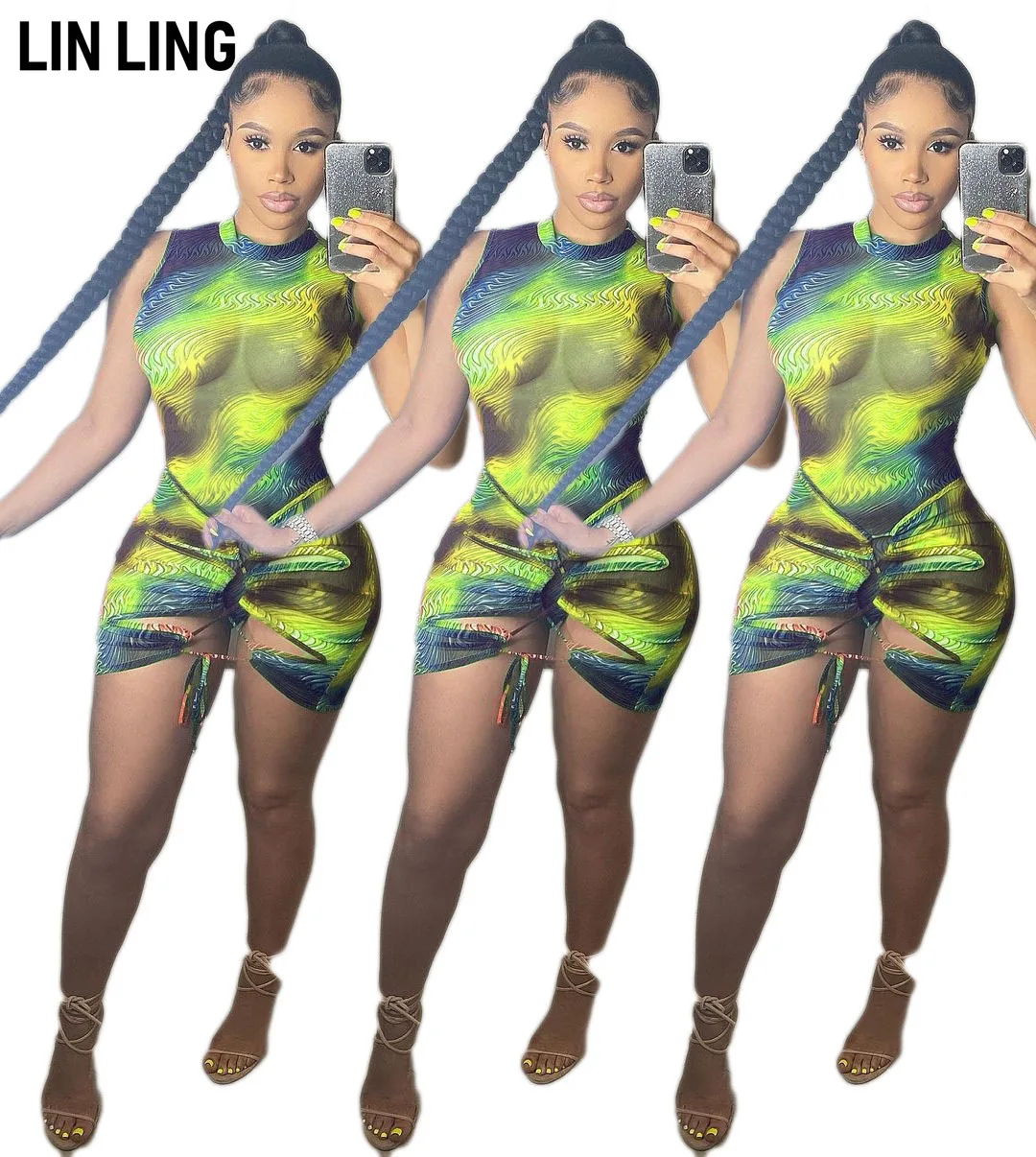 

LINLING Rainbow Element Printing Sleeveless Strap Tight Jumpsuit Street Dress Party Bodysuit Women Summer Clothes