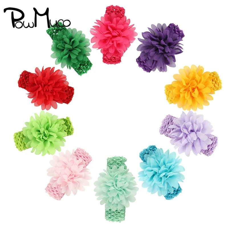 

Модная шифоновая Детская повязка на голову Powmuco ручной работы с цветами, однотонная вязаная эластичная повязка для волос, украшение для оде...