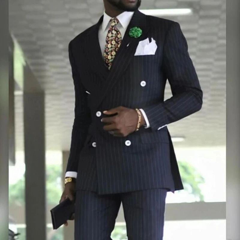 

Двубортный деловой костюм Pinstripe для мужчин, официальный свадебный смокинг с заостренным лацканом, 2 шт., пиджак и брюки, костюм для мужчин