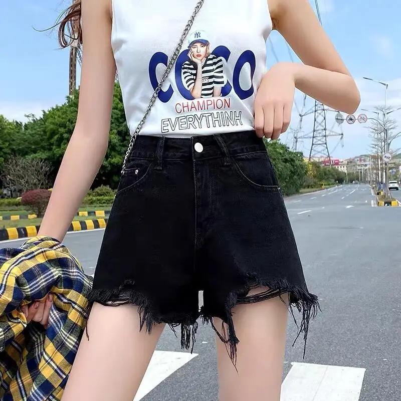 

Denim shorts women's summer wear 2021 new Korean High Waist Shorts A-line thin loose wide leg hot pants