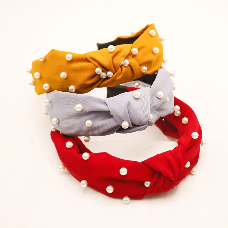 

South Korea's New Fashion Knotted Hair Band Ladies Pearl Embellishment Hair Bundle Pure Color Fabric Headband Hair Accessories
