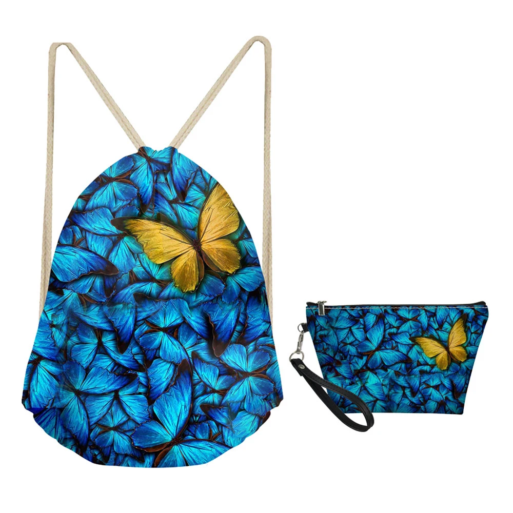 

MOZOEYU 2pcs/Set Ladies Drawstring Bag 3D Butterfly Print Women Sport Fitness Backpack Mini Girls School Bag Storage Mochila