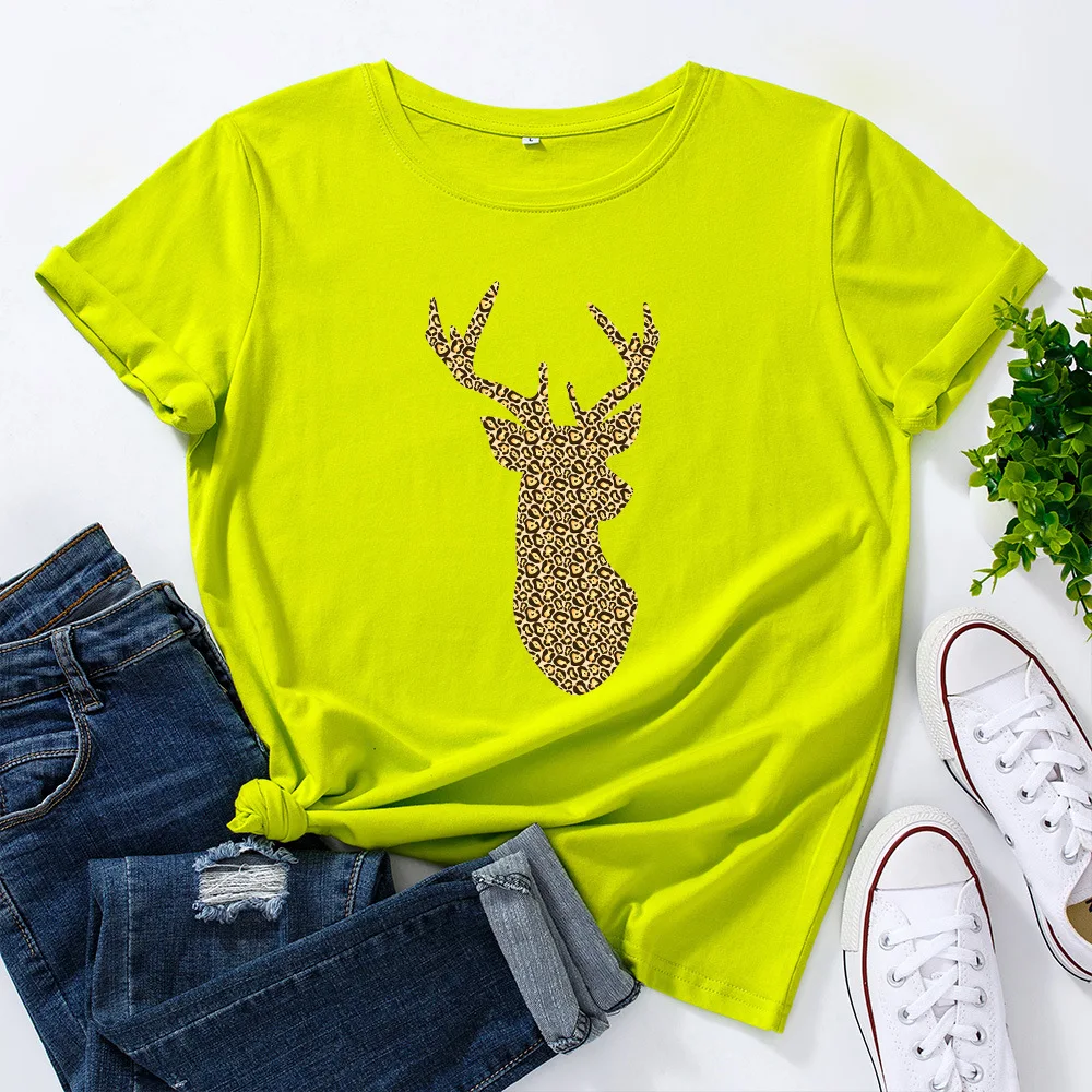 

Cartoon Funny Deer Head Print T-Shirt Women O Neck Short Sleeve Cotton Tops Harajuku Graphic Tees Shirt Christmas Holiday Tshirt