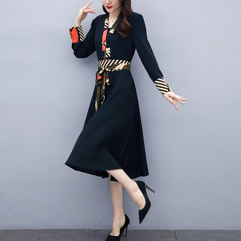 Новинка весны 2020 женское черное платье большого размера с длинным рукавом