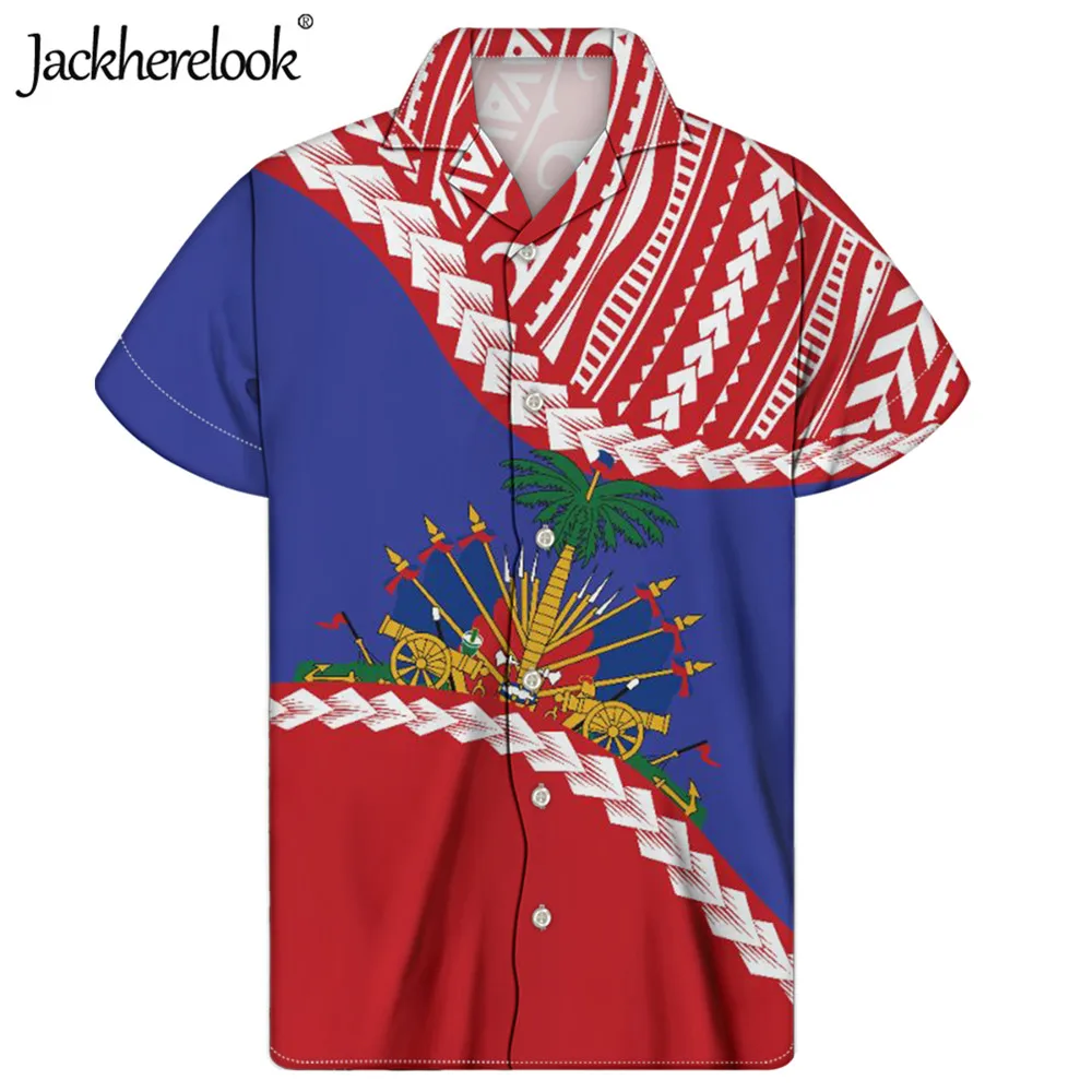 

Jackherelook Summer Hawaiian Shirts Casual Men Clothing Polynesian Samoan Haiti Flag Print Plus Size Male Tops Camisa Hombre