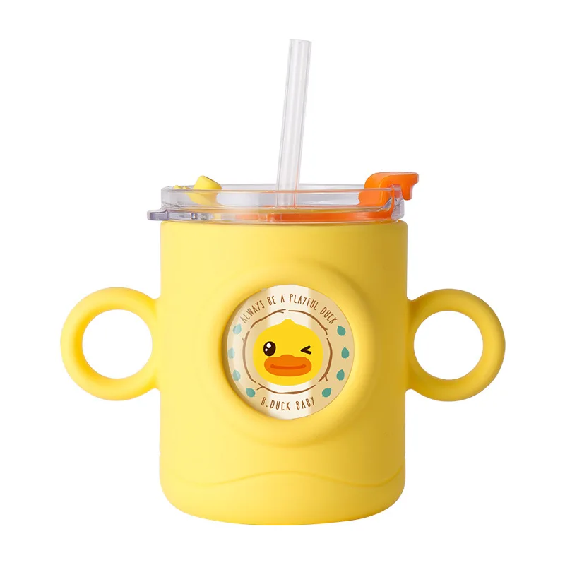 LUDDY  Little Yellow Duck Straw Cup Children's Cartoon Anti-scalding Milk Cup Microwave Silicone Double Handle Straw Glass Cup