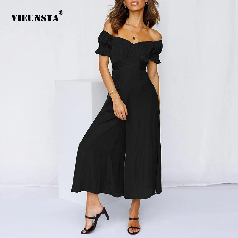 

Women's Rompers One Word Neck Sexy Short-Sleeved Wide Tube Slim Nine Points Siamese Wide Leg Pants Street Style Fashion Trousers