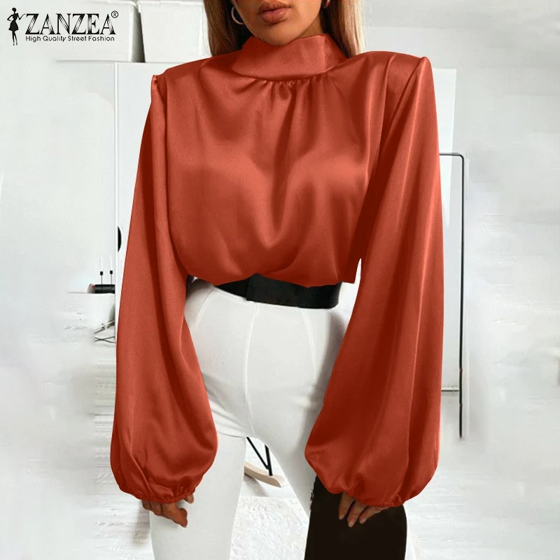 

2022 Women's Satin Blouse Spring Fashion Office Lady Elegant Tops ZANZEA Casual Ladise Solid Loose Blusa Femininas Oversized Top