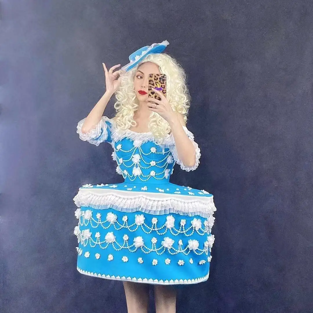 

Women Handmade Flowers Dress 2021 Lace Pearl Stitching Cupcake Dress Celebrate Female Singer Club Stage Performance Costume