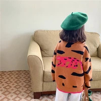 girls cute leopard cartoon knitted cardigans korean style children loose soft casual v neck sweaters