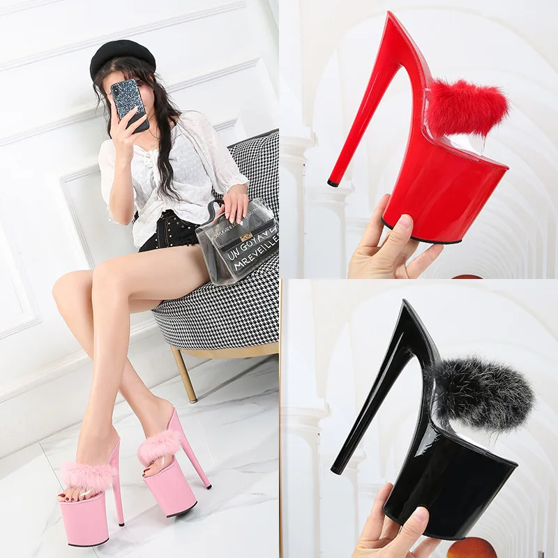Nightclub Big Size Super Women's shoes Slippers All match Rabbit's hair Thin Heels Elegant Sexy Models Stage Show Fashion Sweet