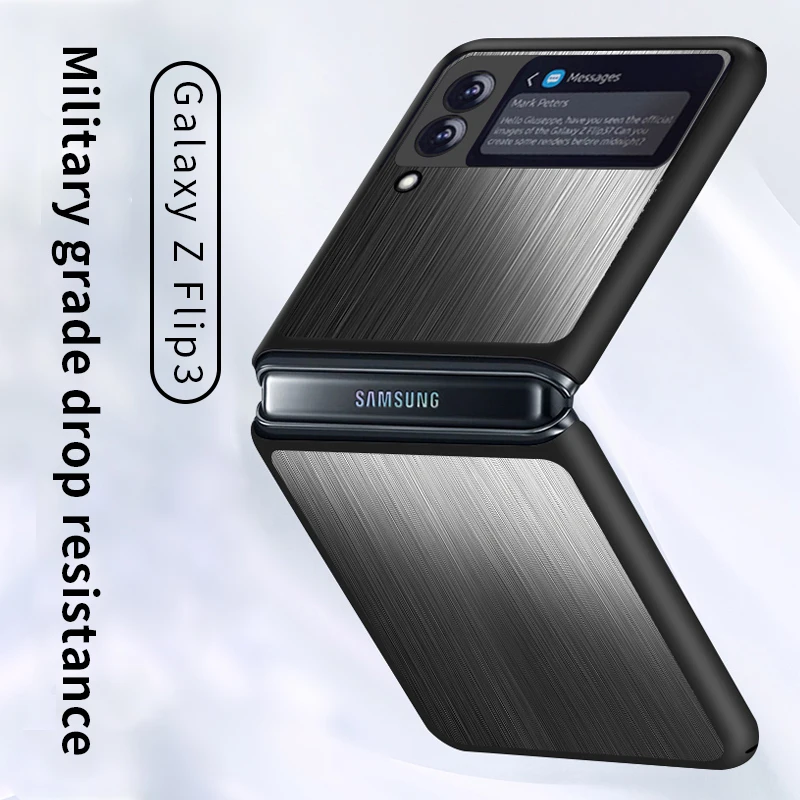 

Phone Case For Samsung Galaxy Z Flip 3 5G Hard Cover for Galaxy Z Flip3 PC Anti-fall Black Fold Shell Dark Brushed Metal Texture