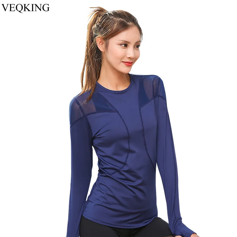 Женская сетчатая спортивная рубашка VEQKING в стиле пэчворк дышащая с длинным