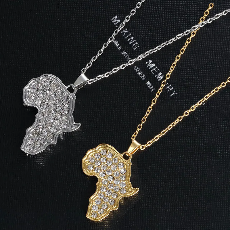 

Top Quality Stainless Steel Gold Silver Color Africa Map Pendant Chain Necklaces Rhinestone Beads Jewelry for Women Men Gift