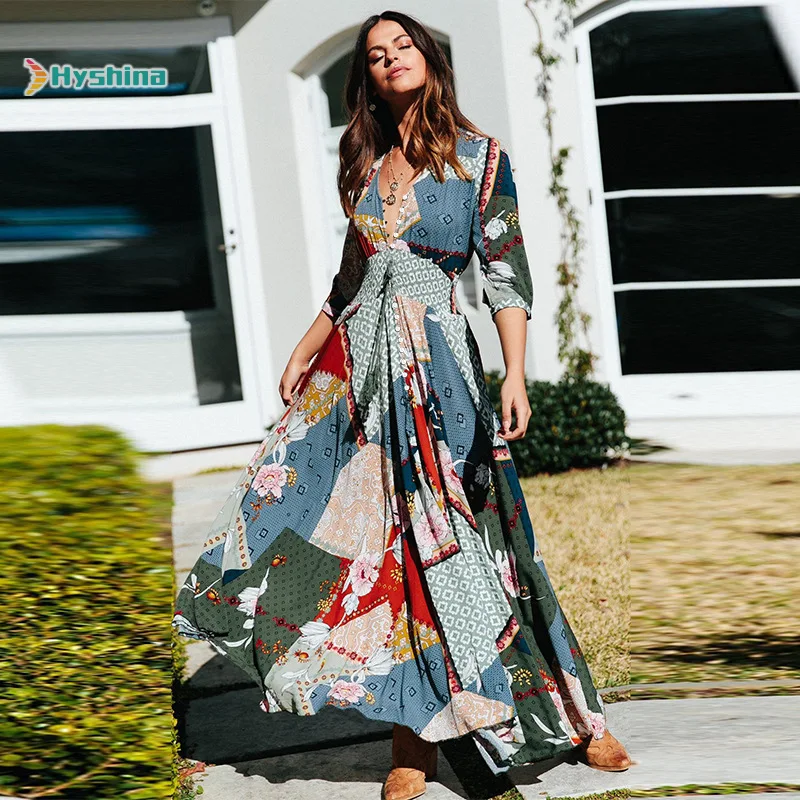 

Bohemian Printed V-neck Button Seven-point Sleeve Large Swing Dress Long