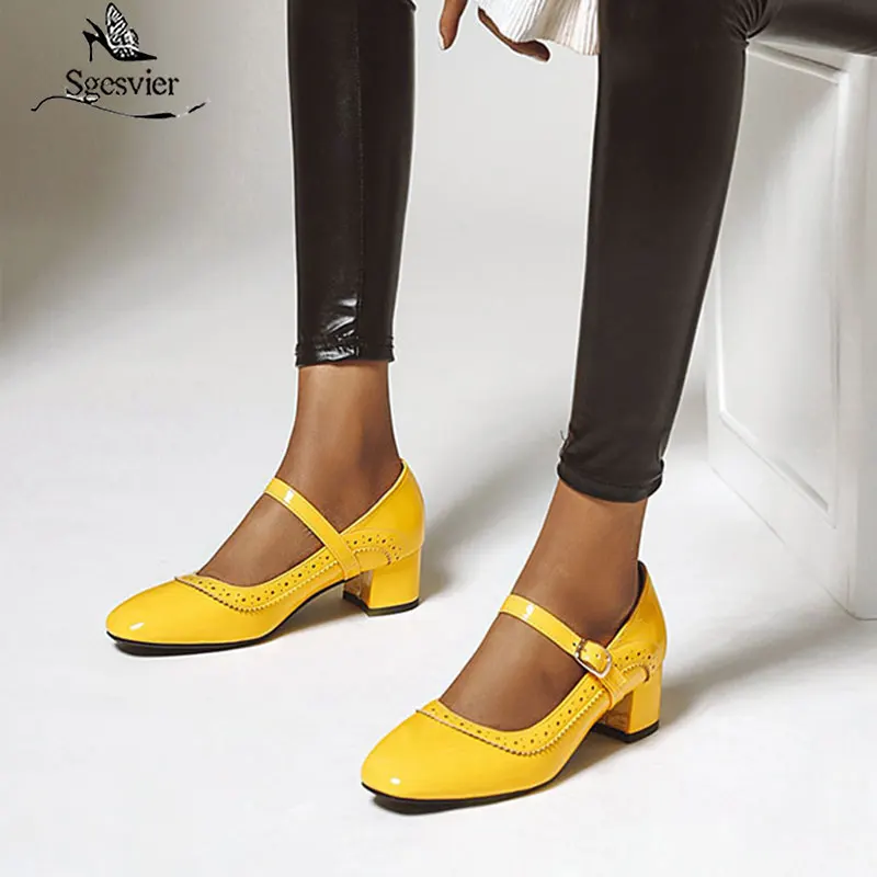 

Sgesvier 2020 New Fashion Patent Leather Chunky Heels Concise Pumps Woman Shoes Buckle Strap Spring Pumps Lady Footwear Size 48