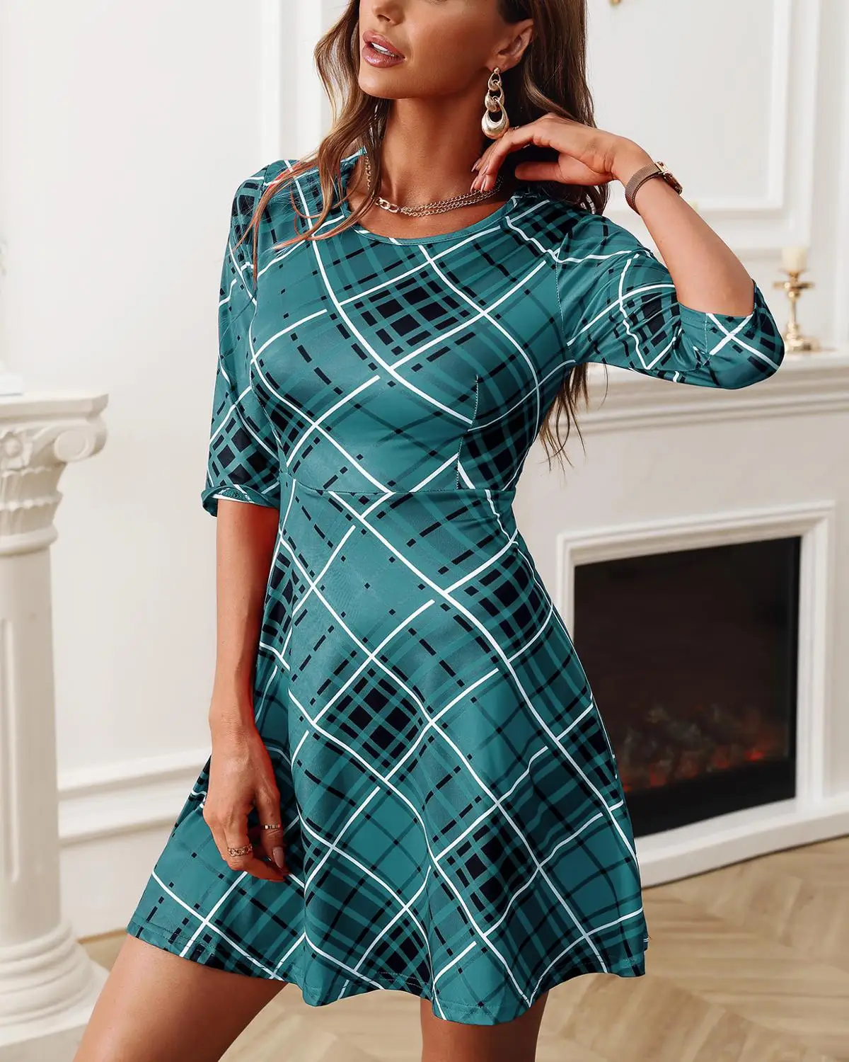 Женское Модное Элегантное пикантное клетчатое повседневное расклешенное платье