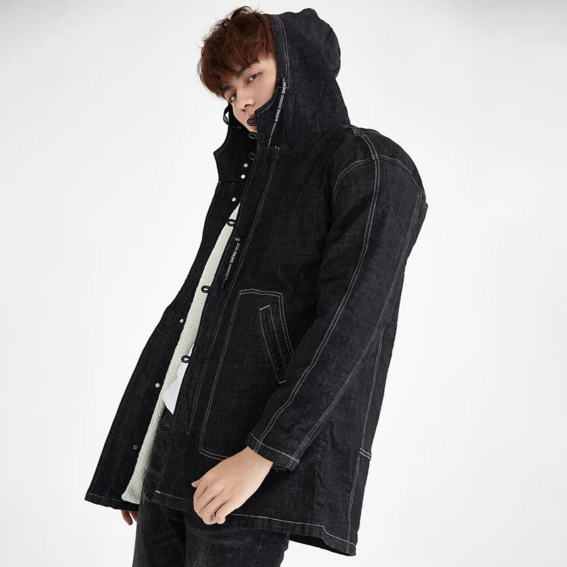 Мужская длинная куртка с капюшоном и надписью черная свободная толстовка модная