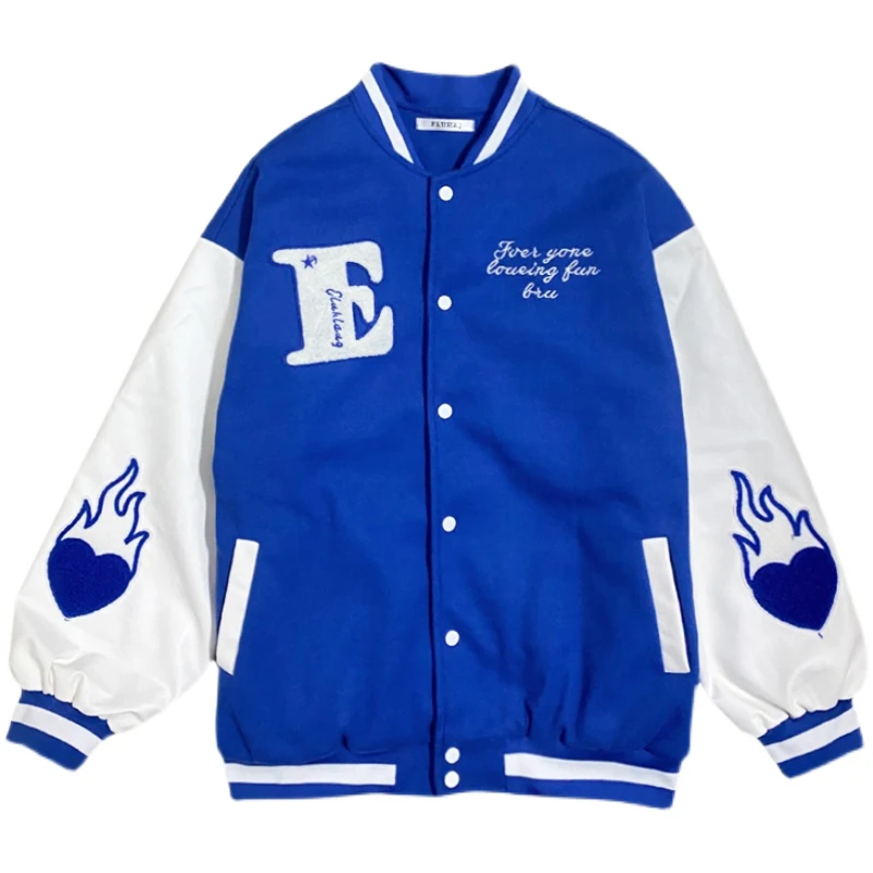 

Куртка женская хлопковая в уличном стиле, винтажная свободная бейсбольная форма, с цветными блокирующими рукавами, с вышивкой в виде пламен...