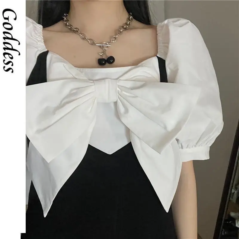 

Summer Dress Kawaii Sweet Mini Korean Vintage Bowknot Short Sleeve Black Dress College Style Patchwork Women Casual Dresses