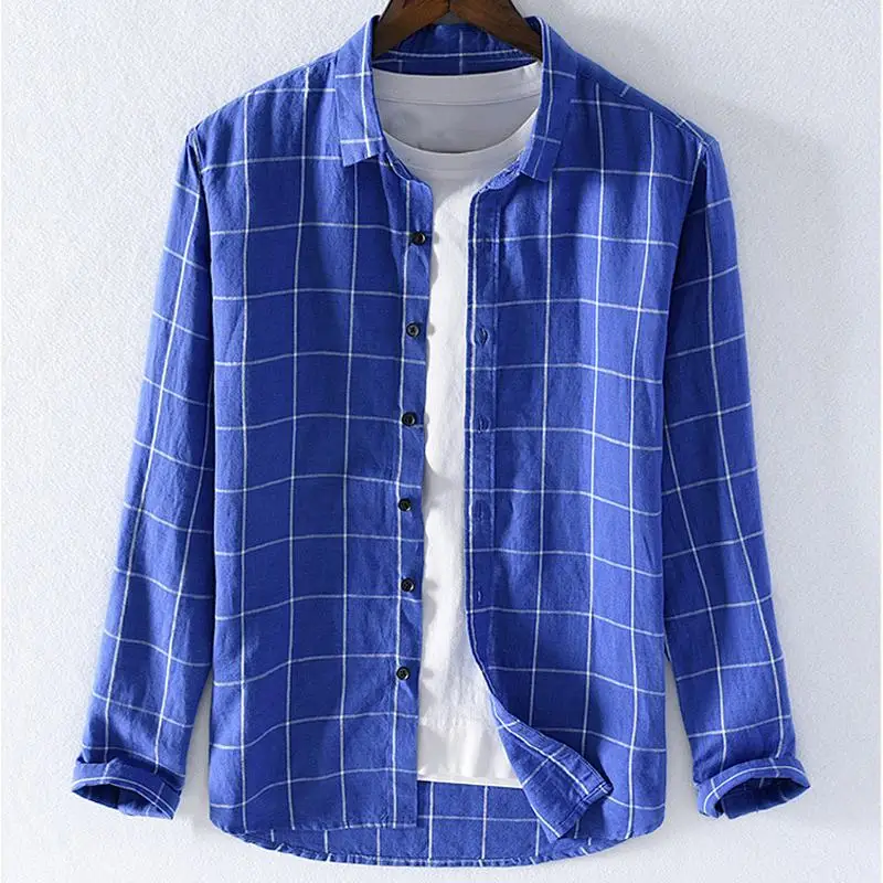 Мужская клетчатая рубашка с длинным рукавом повседневная приталенная из 100% льна