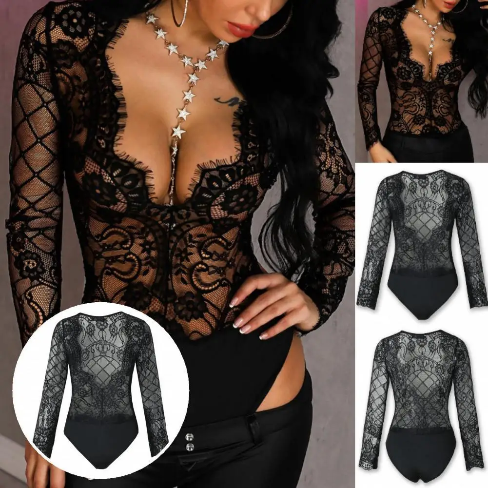 

Attractive Great See Through Women Bodysuit Sexy Underwear Black Color Lace Jumpsuit Eye-catching for Girlfriend