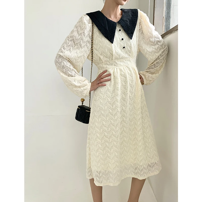

2021 New Fashion Korean Chic Summer Hollow out Embroidery Dress Femal Lantern sleeve Loose Oversize Elegant Lace Dress Vestidos