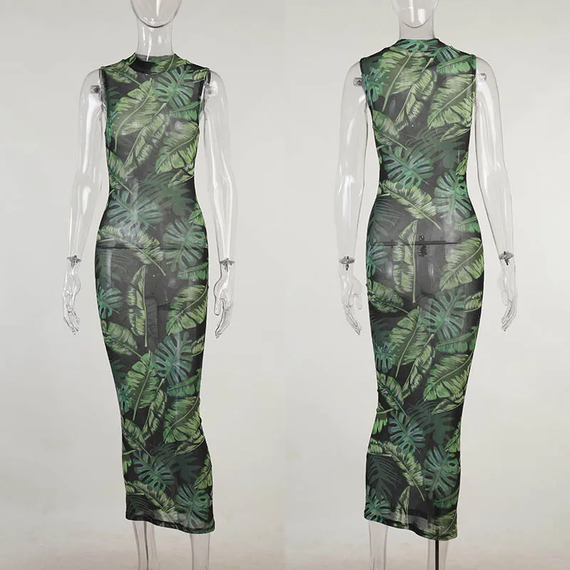 

Tropical Print Mesh Bodycon Dress Women O-Neck Sleeveless Boho Long Dress Summer Sexy See Through Beach Dress Green
